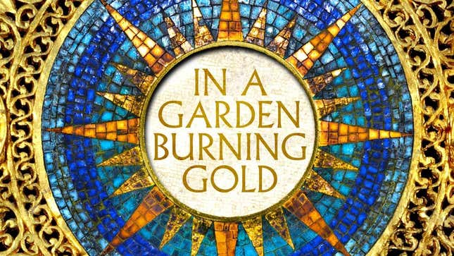 Mosaic-like blue and gold sun and sky artwork decorates the cover of In a Garden Burning Gold by Rory Power.
