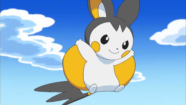 Emolga is seen flying in the sky.