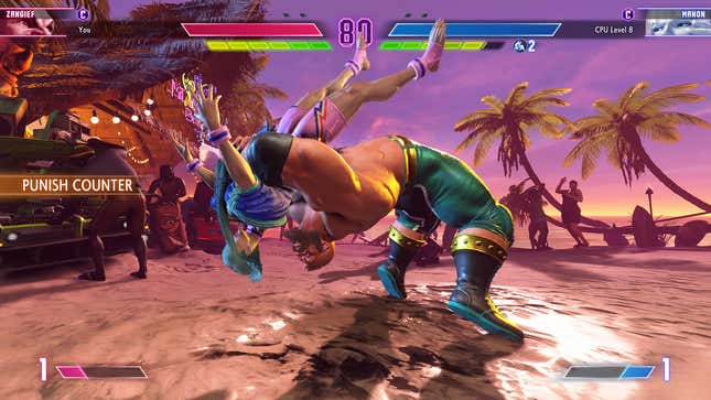 Zangief suplexes Manon on the beach.