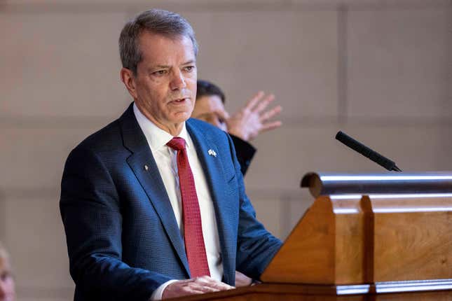 Nebraska Gov. Jim Pillen delivers his State of the State on Wednesday, Jan. 25, 2023, at the the state Capitol in Lincoln, Neb. Conservatives in Nebraska have made bold moves to secure control of the state’s education system, citing a desire to push through one of Pillen’s priorities of reforming the state education funding.