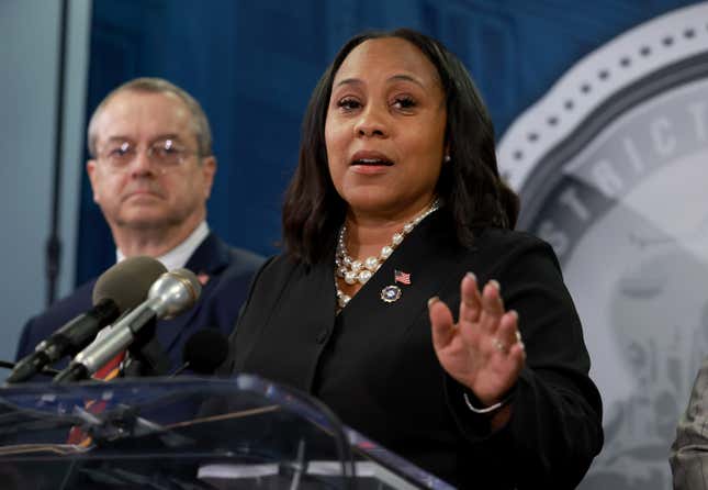 ATLANTA, GEORGIA - AUGUST 14: Fulton County District Attorney Fani Willis speaks during a news conference at the Fulton County Government building on August 14, 2023 in Atlanta, Georgia.