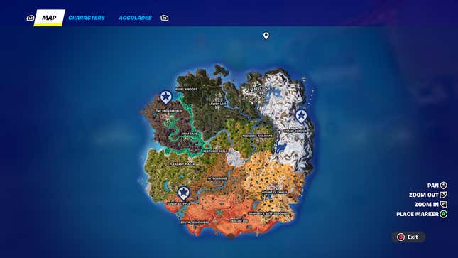 A map shows locations on the Fortnite island.