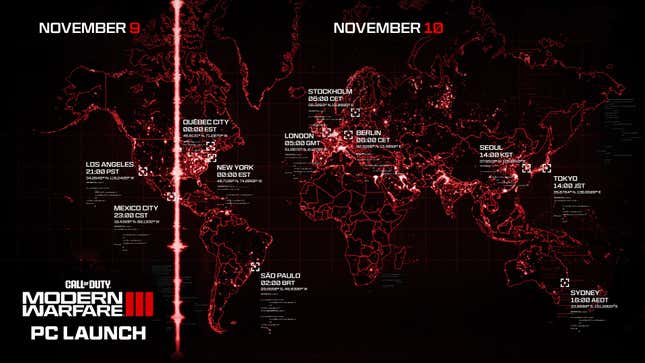 A map shows the timezones for when Call of Duty launches. 
