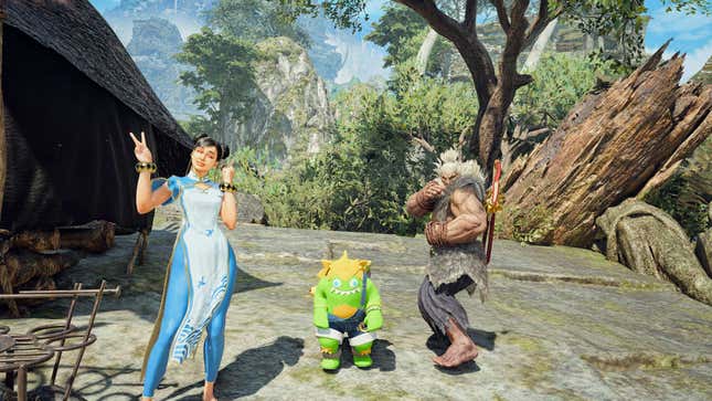 Alma in her Chun-Li outfit poses next to a Palcio in the Blanka-Chan armor and a hunter in Akuma armor.