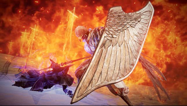 Guardian holds up a massive wing-themed shield.