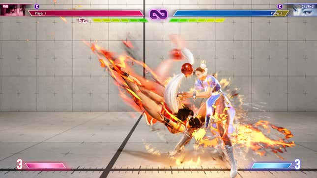 Mai hits Chun-Li with a fiery dive.