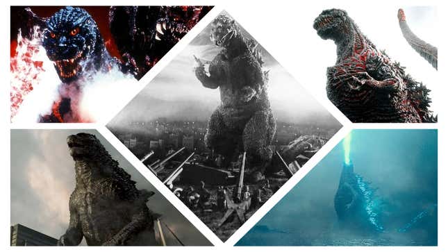 Clockwise from bottom left: Godzilla (2014) (Warner Bros.), Godzilla Vs. Destoroyah (Toho), Shin Godzilla (Toho), Godzilla: King Of The Monsters (Warner Bros.), Godzilla (Toho)