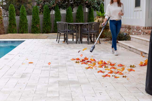 This image provided by ZoomBroom shows a lightweight, cordless ZoomBroom stick blower in use. (ZoomBroom via AP)