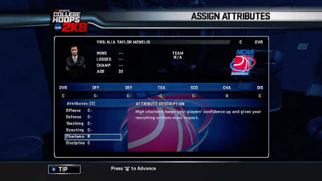 A screenshot of Legacy mode in College Hoops 2k8