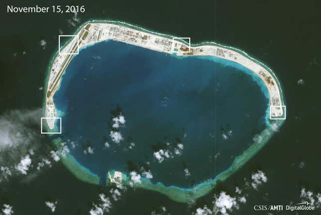 Mischief Reef in mid-November, with the highlighted defensive outposts.
