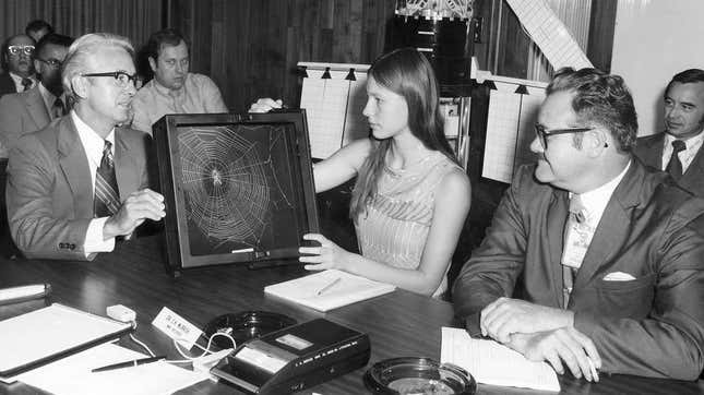 High school student Judith Miles proposing her Skylab spider web space experiment in 1972.