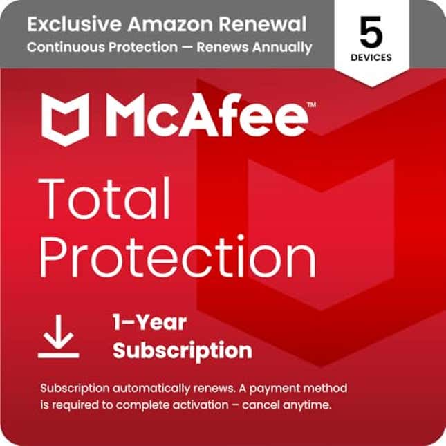 Image for article titled McAfee Total Protection 5-Device 2025 Ready | Security Software Includes Antivirus, Now 75% Off