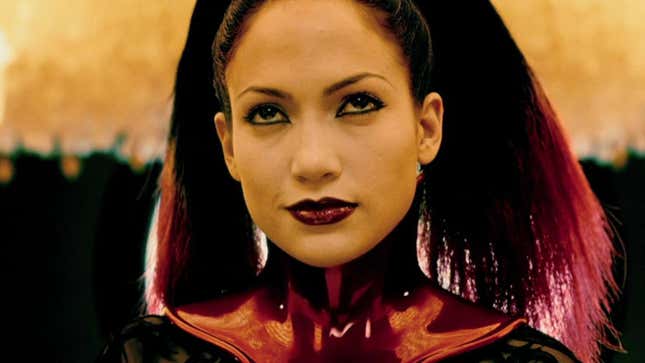 Jennifer Lopez wearing dramatic hair and make-up in a scene from her previous sci-fi film The Cell.