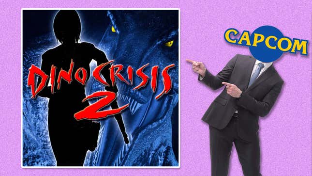 An image shows a man with a Capcom logo for a head pointing at Dino Crisis 2. 