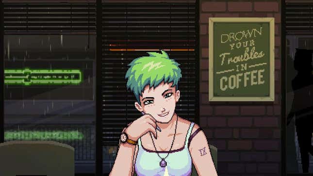 A green haired woman sits at a coffee bar