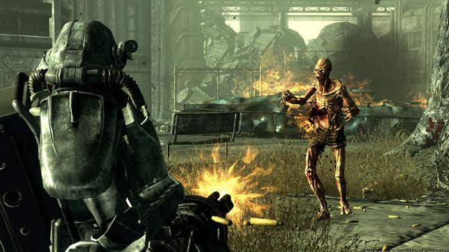 A screenshot shows a soldier shooing a zombie in Fallout 3. 