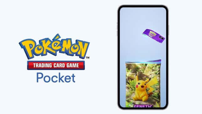 The Pokemon Trading Card Game Pocket logo next to a phone with a booster pack opening up on it.