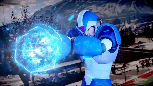 A screenshot of Frank West using Mega Man's iconic Mega Buster while dressed as X in Dead Rising 4.