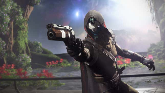 Cayde-6 points a gun at the camera. 