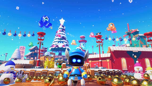 Astro Bot waves at Christmas. 