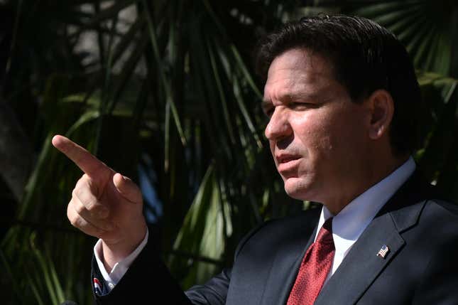 ORANGE CITY, FLORIDA, UNITED STATES - 2024/02/06: Florida Gov. Ron DeSantis, speaks during a press conference at Blue Springs State Park in Orange City. During his remarks, DeSantis highlighted the state’s successful efforts to protect Florida’s manatees and improve water quality. (