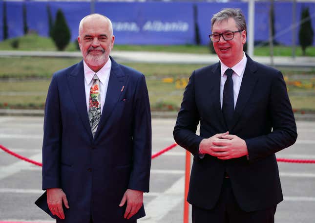 Albania&#39;s Prime Minister Edi Rama, left, pose with Serbia&#39;s President Aleksandar Vucic before a summit in Tirana, Albania, Thursday, Feb. 29, 2024. The leaders of Western Balkan countries met Thursday in another joint push to use the European Union&#39;s financial support plan of six billion euros (about $6.5 billion) hoping it will speed up its membership in the bloc. (AP Photo/Armando Babani)