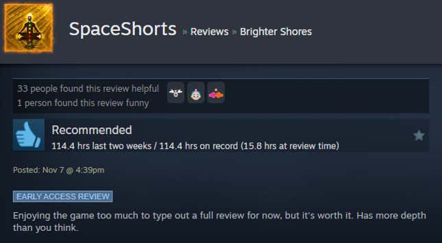 A screenshot shows a Steam user review of Brighter Shores.