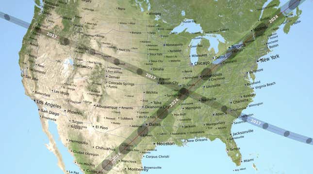 Map showing the path of totality for the 2017 and 2024 total solar eclipse. 