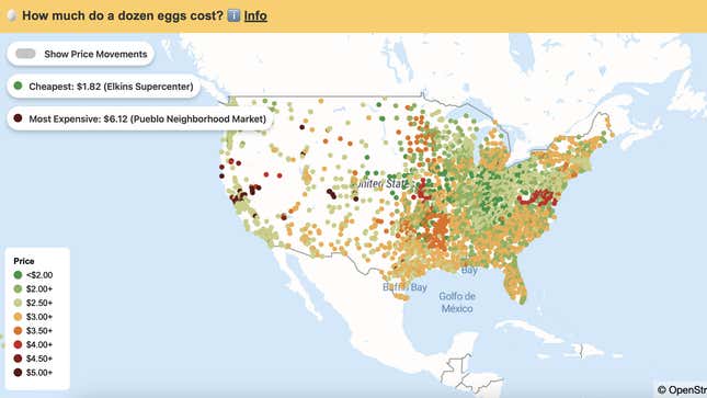 Eggspensive.net shows egg prices across the United States. The map is updated hourly.