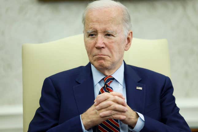 WASHINGTON, DC - MAY 12: U.S. President Joe Biden listens as Spain’s Prime Minister Pedro Sánchez gives remarks to reporters before a bilateral meeting in the Oval Office of the White House. 