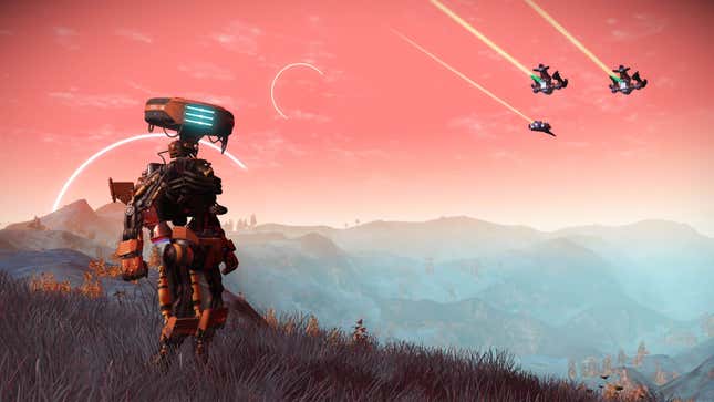 A No Man's Sky player stands in an empty field wearing a robot costume.