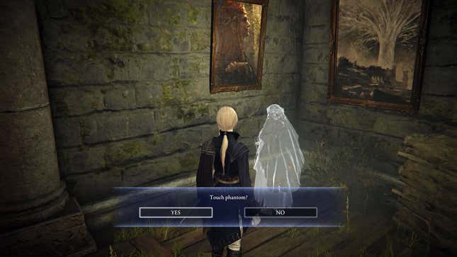 A character touches a phantom spirit.