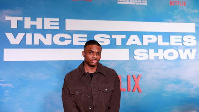 Vince Staples arrives for Netflix’s “The Vince Staples Show” special screening at the Tudum theatre in Los Angeles, February 12, 2024.