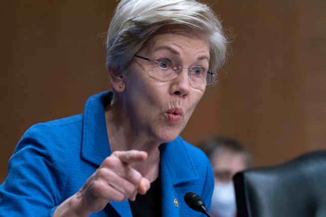 FILE - Sen. Elizabeth Warren, D-Mass., speaks during the Senate Committee on Banking, Housing and Urban Affairs hearing at Capitol Hill in Washington, April 27, 2023. The Supreme Court on Tuesday seemed likely to preserve the work of the Consumer Financial Protection Bureau against a conservative-led challenge. The CFPB case is one of several major challenges to federal regulatory agencies on the docket this term for a court that has for more than a decade been open to limits on their operations. The CFPB, the brainchild of Warren, has long been opposed by Republicans and their financial backers. (AP Photo/Jose Luis Magana, File )