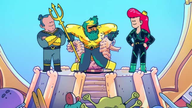 HBO Max's animated Aquaman attempts to squeeze into the throne of Atlantis, as Mera and Vulko watch.