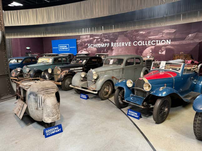 A lineup of barn find pre-war Bugattis