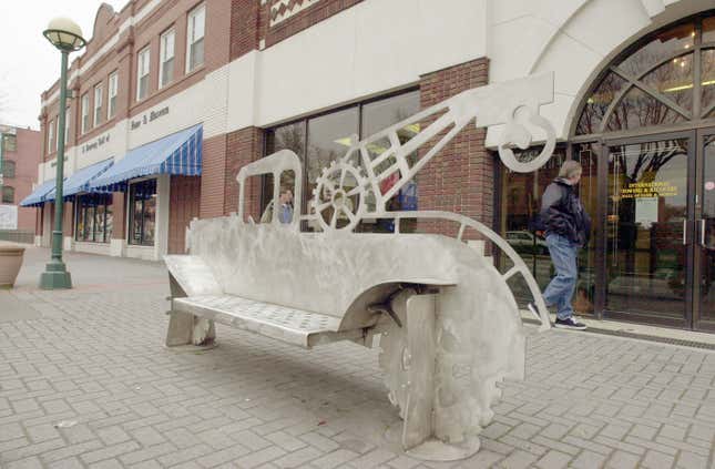 A custom made stainless steel bus bench sits in front of the International Towing and Recovery Museum and Hall of Fame January 17, 2002 in Chattanooga, Tn