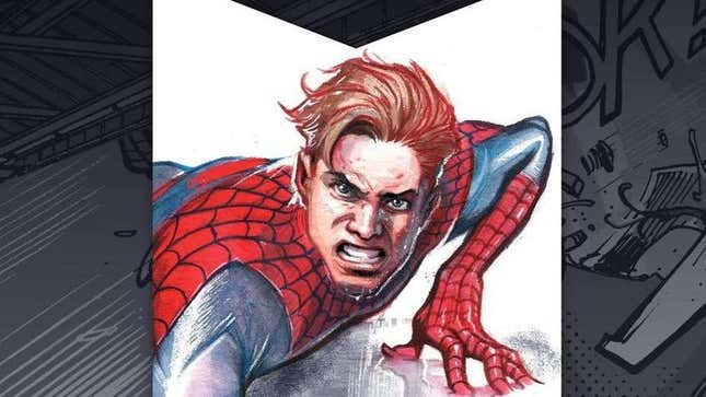 Peter Parker in his Spider-Man costume, looking angrily at the viewer. 
