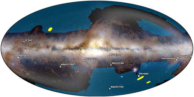 A map of the Milky Way, showing the locations of Euclid's observational subjects.