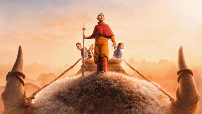 Sokka, Aang, and Katara riding Appa in the poster for Avatar: The Last Airbender.