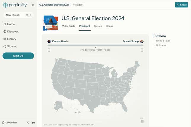 Screenshot of a now-empty congressional map of the U.S. with Harris and Trump's names at the top both with zero electoral votes