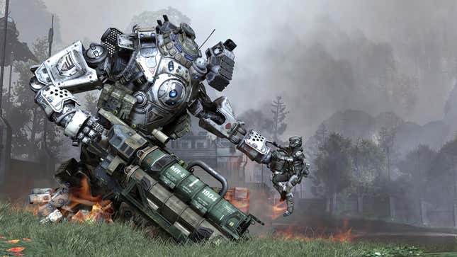 Titanfall artwork depicting a giant mech clutching a small human pilot.