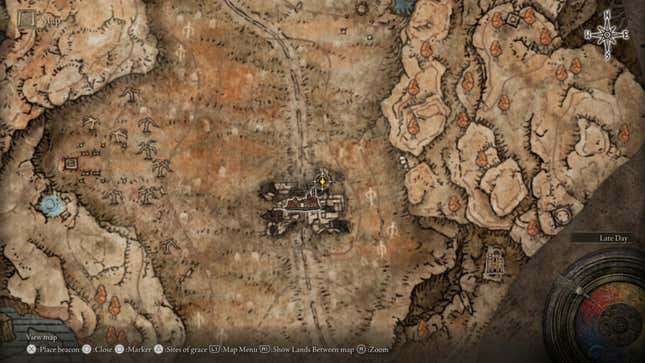 An Elden Ring map screen highlights the location of the Blade of Mercy.