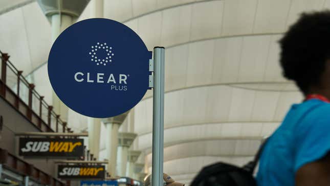 A Clear Plus sign at the Transportation Security Administration (TSA) security checkpoint inside the Jeppesen Terminal at Denver International Airport (DEN) in Denver, Colorado, US, on Saturday, Aug. 19, 2023.