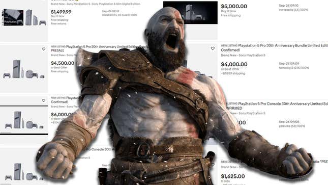 An image shows Kratos yelling in front of a overpriced PS5 consoles