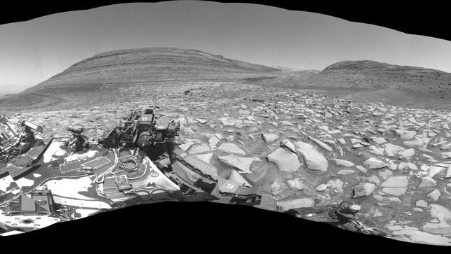NASA’s Curiosity rover captured this 360-degree panorama of Gediz Vallis channel using one of its black-and-white navigation cameras on February 3.
