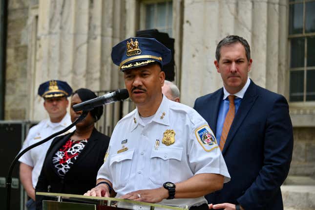 FILE - Baltimore County Police Chief Robert McCullough and other local officials speak at a news conference in Towson, Md., April 25, 2024. The most recent criminal case to involve artificial intelligence has emerged from a high school in Baltimore County, Maryland. That&#39;s where police say a principal was framed by a fake recording of his voice. (Kim Hairston/The Baltimore Sun via AP, file)