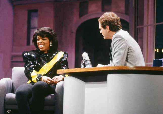 Talk show host Oprah Winfrey during an interview with host David Letterman on May 2, 1989.