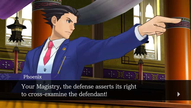 Phoenix Wright points emphatically at the defendant on the stand.