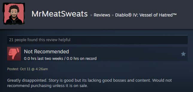 Image for article titled Diablo 4: Vessel Of Hatred, As Told By Steam Reviews